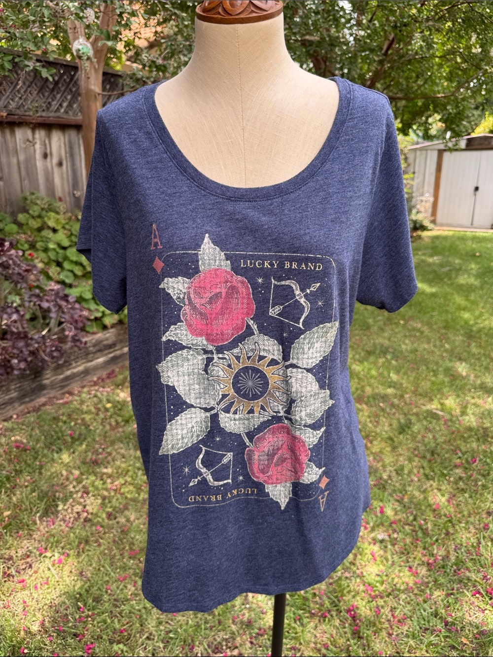 Lucky Brand Navy Short-Sleeve Tee T-shirt Red Rose Graphic Women's Size XL